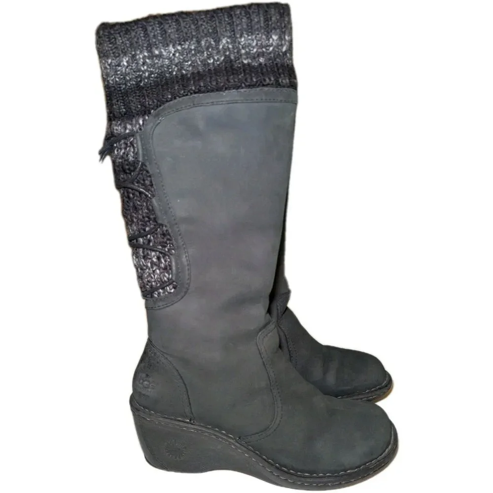 UGG Women's Skylair Tall Black Suede Leather Sheepskin Lined Wedge Boots Size 7 - Picture 1 of 11